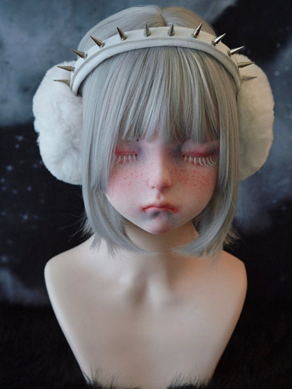 White Handmade PU Studded Plush Earmuffs