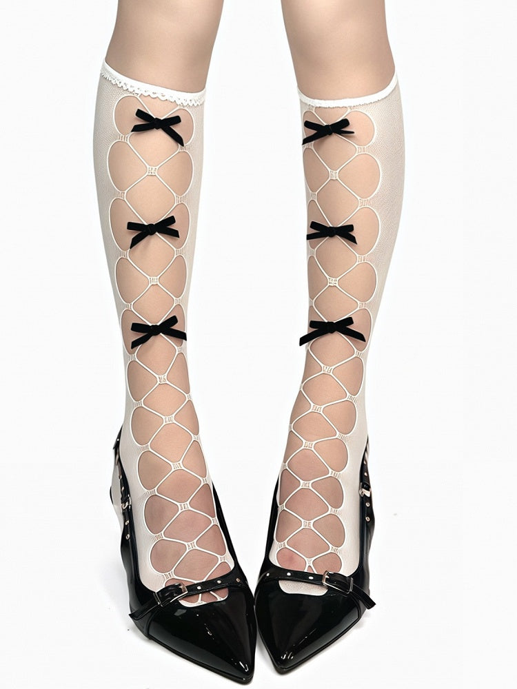 White/Black/Gray Bowknot Details Cutout Design Under-Knee Stockings