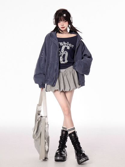 Blue/Apricot Banded Collar Faded Wash Distressed Design Autumn Zip-up Jacket