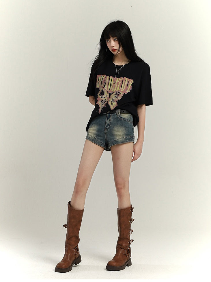 Dark Gray/Brown/Black/White Butterfly Print Vintage Loose T-Shirt