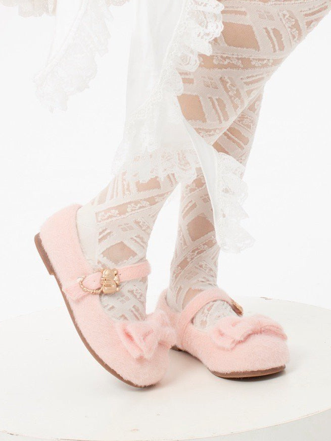 Plush Sweet Pink Flat Shoes for Lolita with Decorative Bow & Hugging Bear Clasps - Regular/Thicken Version