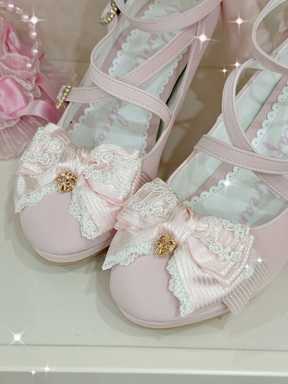 Pink Crisscross Design Heart Buckle Bow at Top High Heels