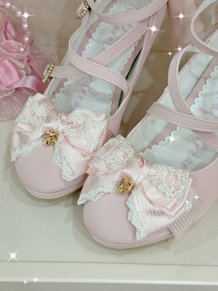 Pink Crisscross Design Heart Buckle Bow at Top High Heels