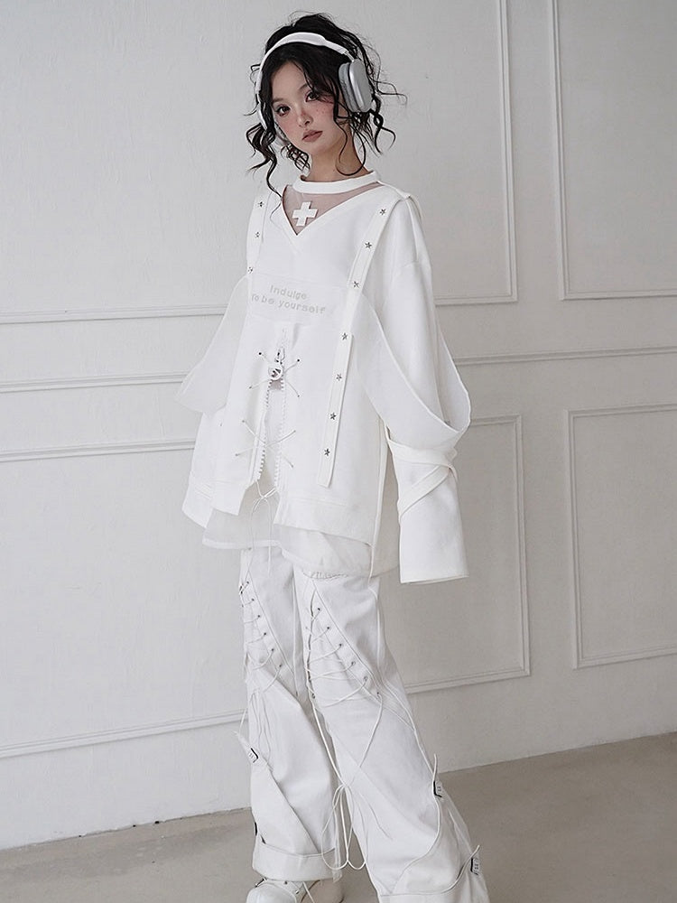 Zip Design White Butterfly Embroidered Chic Sweat Shirt with Star-shaped Studs