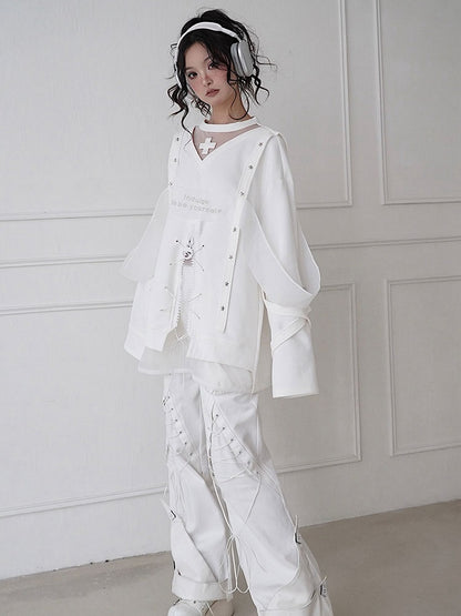 Zip Design White Butterfly Embroidered Chic Sweat Shirt with Star-shaped Studs