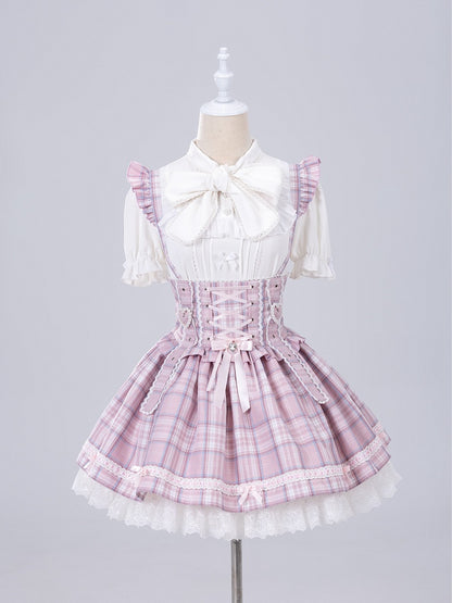 Pink Lace-up High Waist Jirai Kei Plaid Skirt with Detachable Flutter Straps