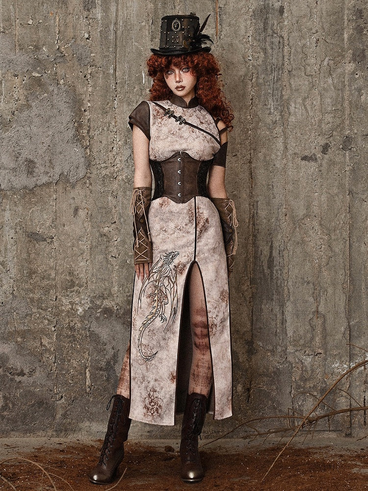 Steampunk Inspired Asymmetrical Sleeves Dragon Embroidery Qipao