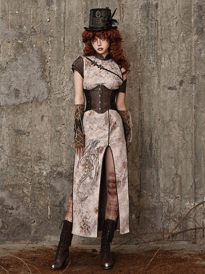 Steampunk Inspired Asymmetrical Sleeves Dragon Embroidery Qipao