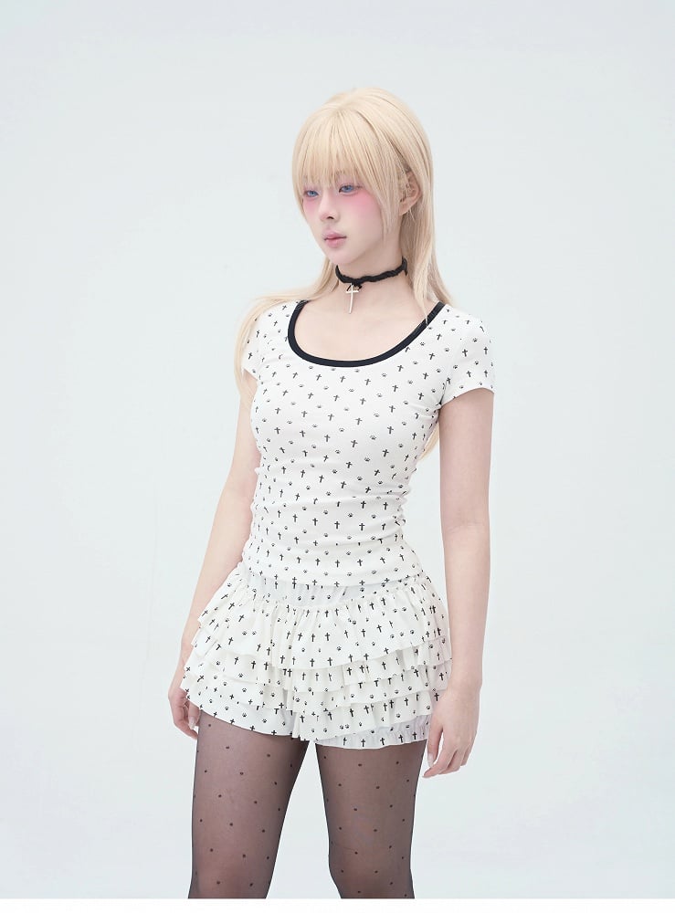 Pastel Gothic Black & White Allover Cross and Cat Paw Print Cat Ears Detail at Back T-Shirt