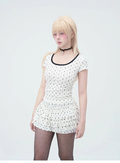 Pastel Gothic Black & White Allover Cross and Cat Paw Print Cat Ears Detail at Back T-Shirt