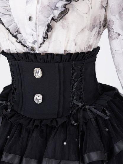 Allover Bead Black High Waist Jirai Kei Skirt with Lace Up and Shirring Waist