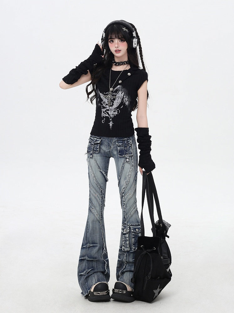 Y2K Blue Low Rise Raw Hem Faded Wash Flared Cargo Jeans