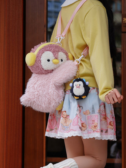 Pink Cute Penguin Plush Backpack/Crossbody Bag + Penguin Keychain Middle/Large Size