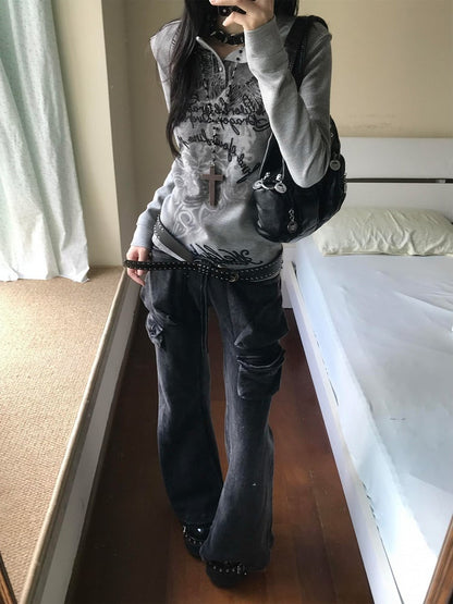 Gray Vintage Henley Neck Top with Tribal Print & Letter Embroidery