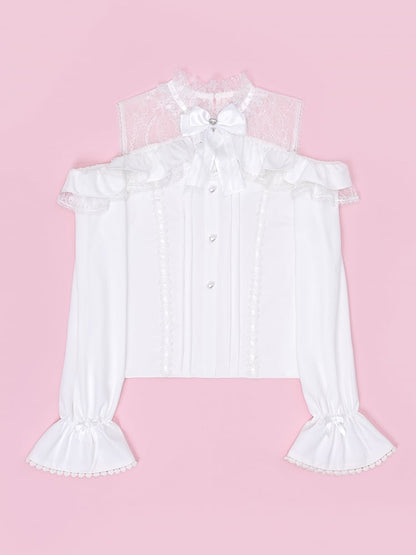 Open Shoulders Ruffle Off the Shoulder Long Sleeves White Blouse