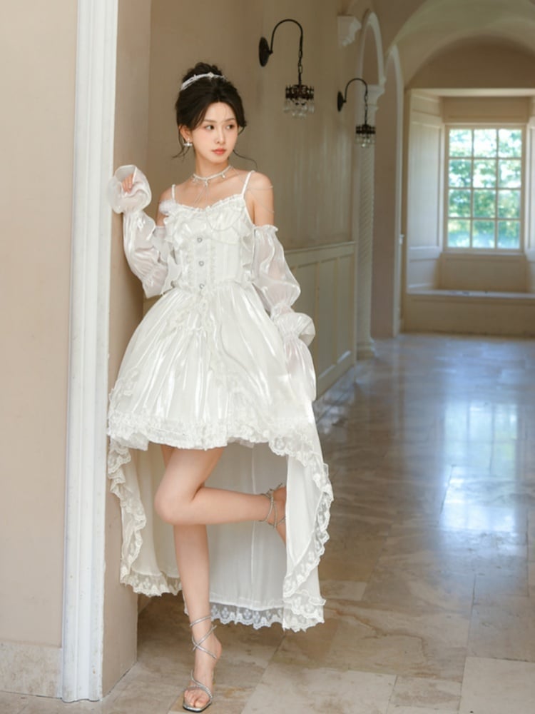 White Satin Shiro Lolita Dress with Detachable Balloon Sleeves and Train