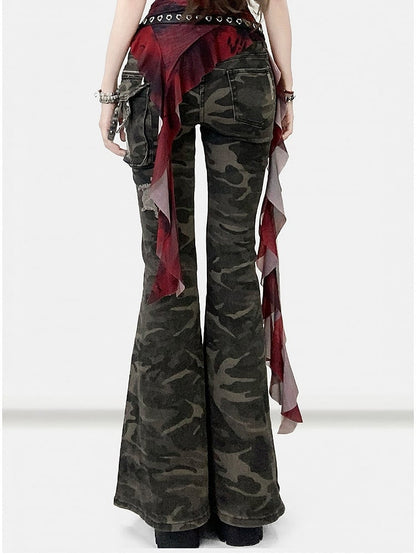 Army Green Camo Pattern Distressed Holes Details Flare Silhouette Jeans