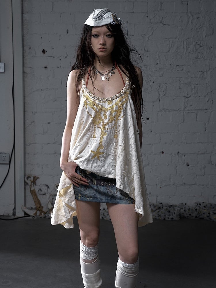 Gold Starfish Print Apricot Wasteland Punk Distressed Holes Cami Top