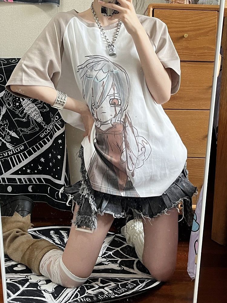 Cartoon Boy Print Khaki and White T-shirt