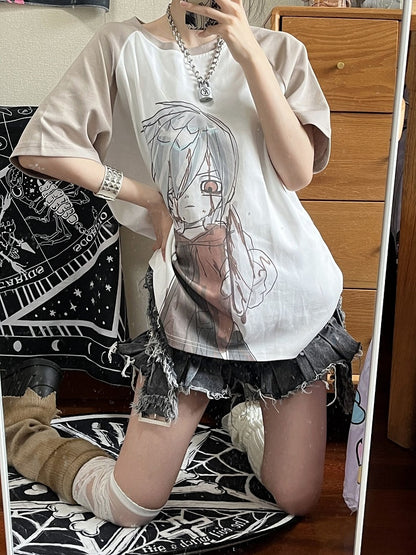 Cartoon Boy Print Khaki and White T-shirt