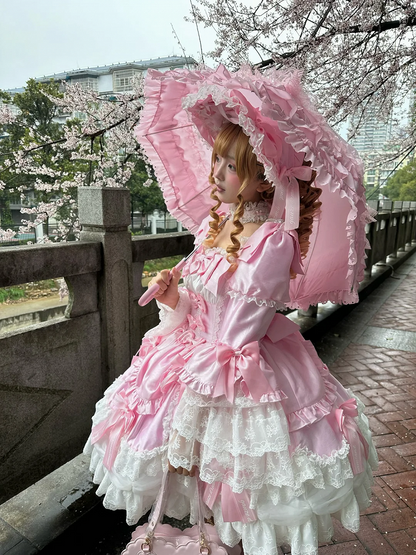 Clearance-Size S for Bust 84-90CM Light Pink Bow Accents Sweet Old School Lolita Princess Dress with Detachable Bell Sleeves