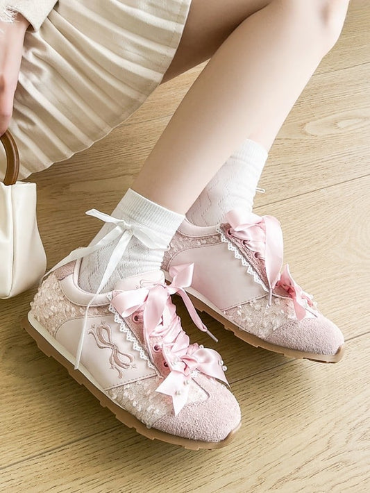 Pink Sequins Details Beaded Decorated Bowknot Sneakers