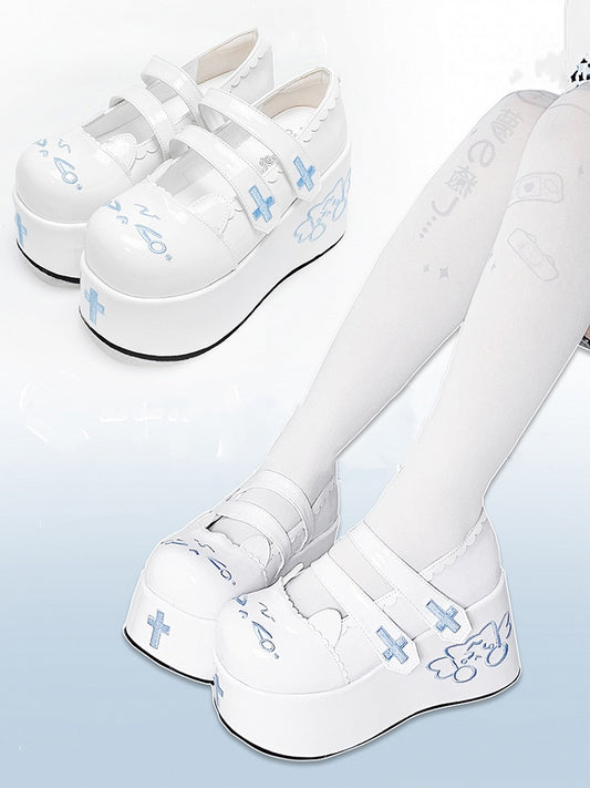 Crying Kitty and Cross Embroidery Blue and White Velcro Straps Platforms