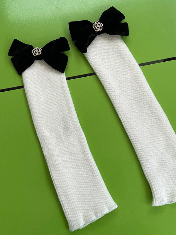 Black/White Leg Sleeves With Black Bowknot Details