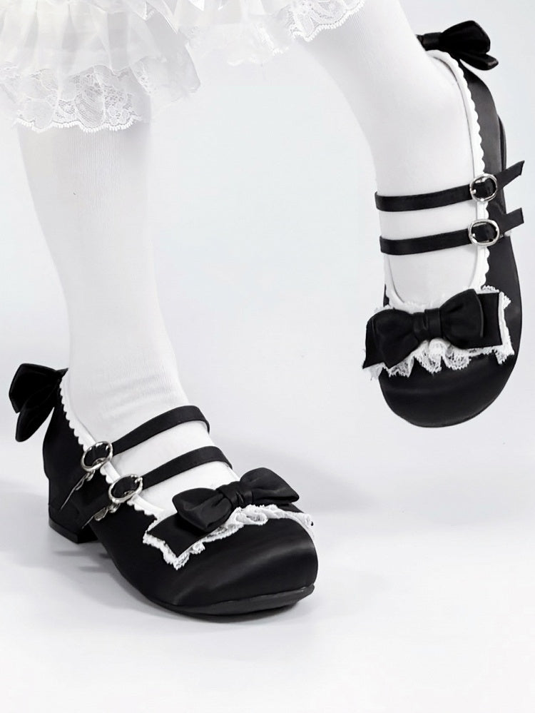 Black Sweet Lolita Low-heel Shoes - Round Toe with Ruffle Lace, Bow Decor & Paired Buckles