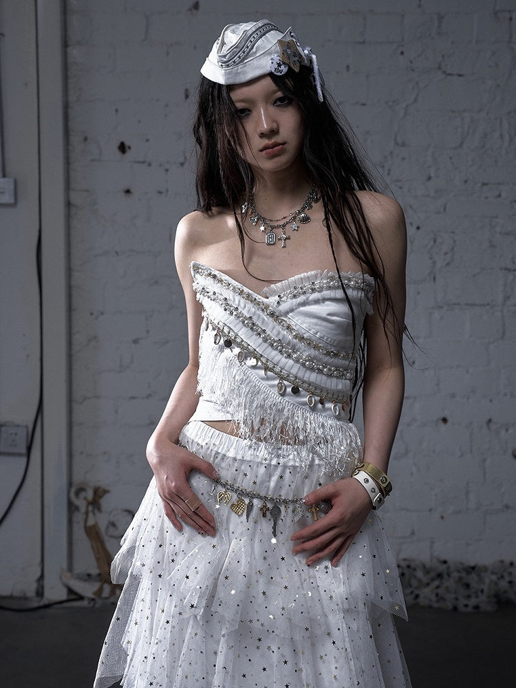 Baroque Bead Details Fringe Hem Black/White Crossover Design Strapless Top