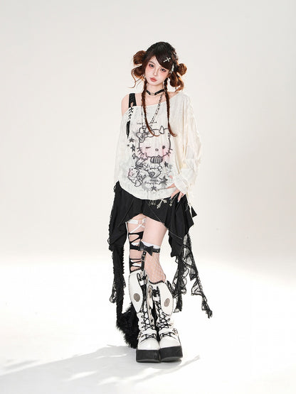 Black Lace-up Detail Cascading Lace Ruffles Skirt