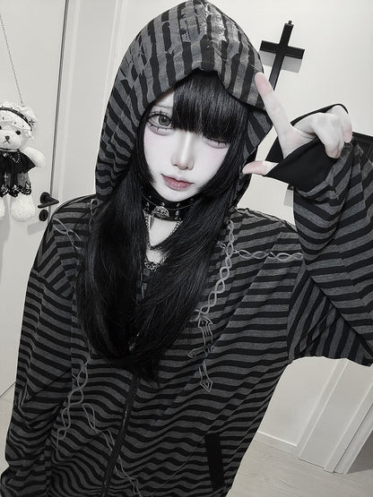 Black & Gray Stripes Zip-up Hooded Jacket for Autumn with Cross Chain Print