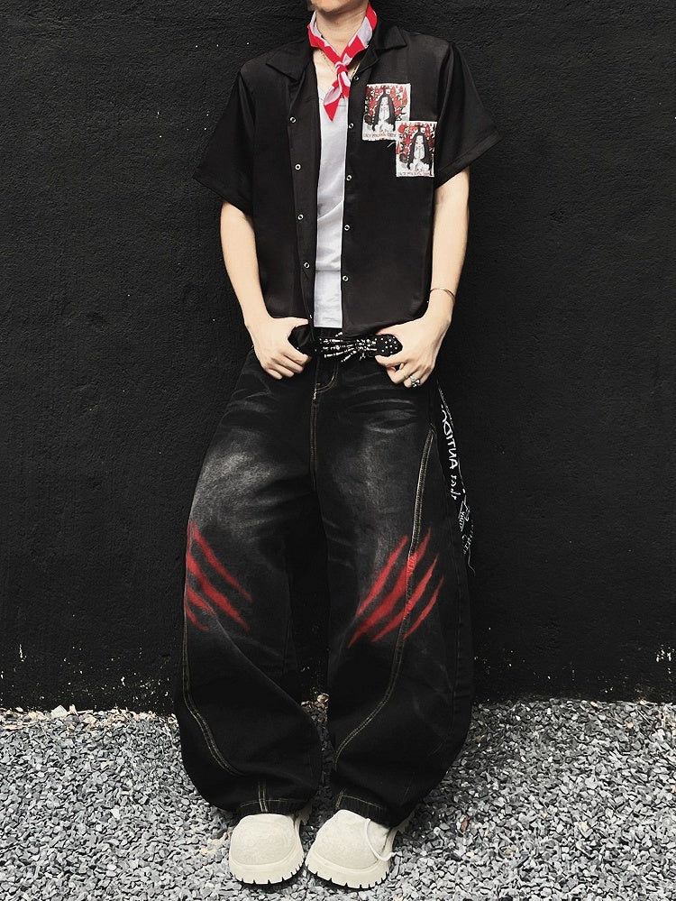 Punk Appliques Black Notched Collar Satin Short Sleeve Shirt