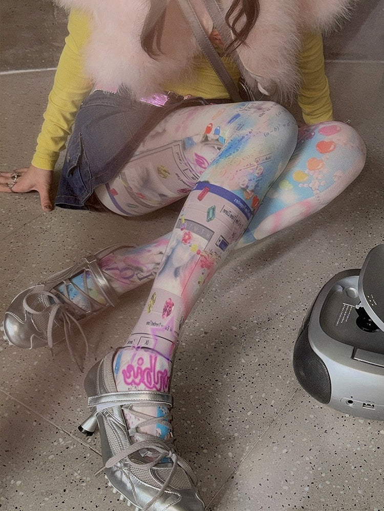 White Y2K Barbie Print Tights