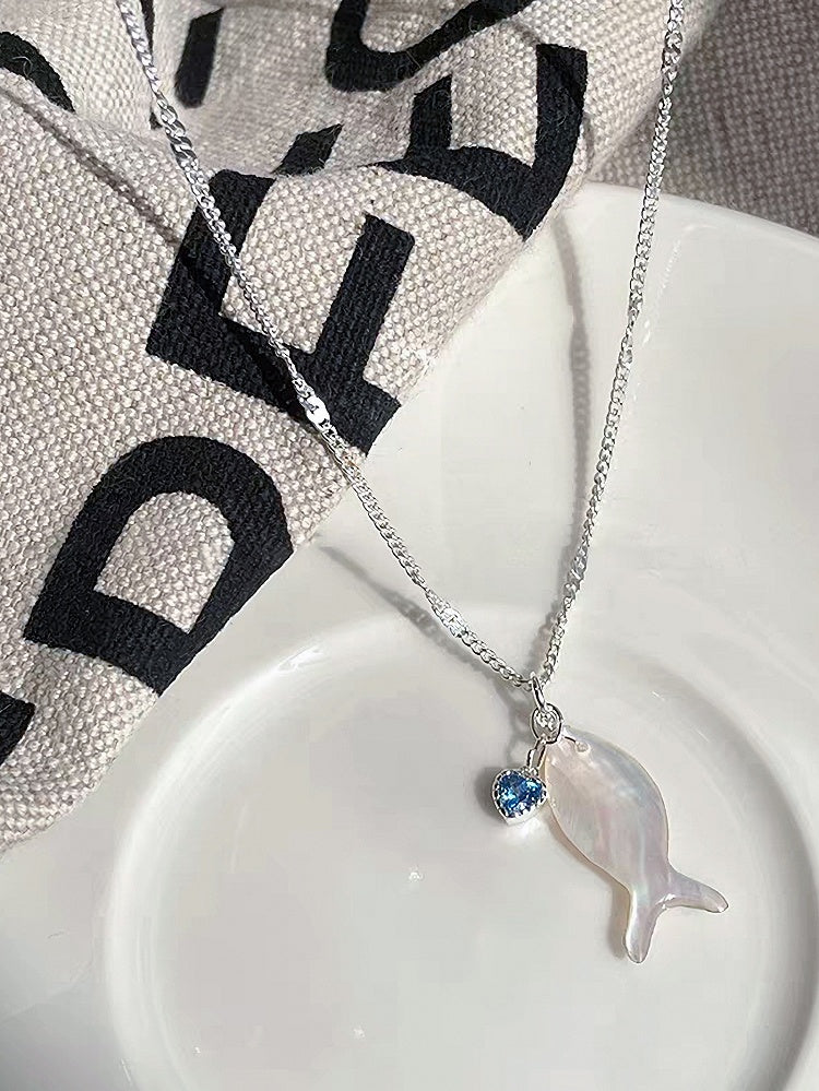 Blue/White Y2K Bittersweet Fish And Rhinestone Heart Pendant Necklace