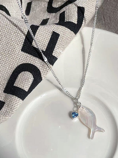 Blue/White Y2K Bittersweet Fish And Rhinestone Heart Pendant Necklace
