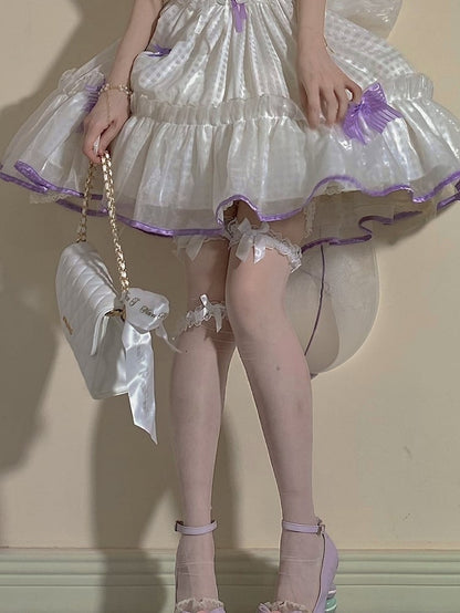 White/Black Semi-sheer Ruffled Lace Cuff Bow Over Knee Stockings