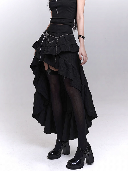 Black Cascading Flounce Trim High-low Skirt