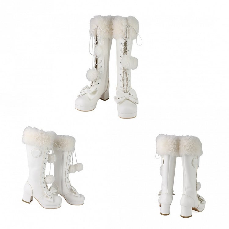 White Sweet Lolita Knee-High Boots - Plush Top Cuff with Bow Embellishments & Lace+Zip System