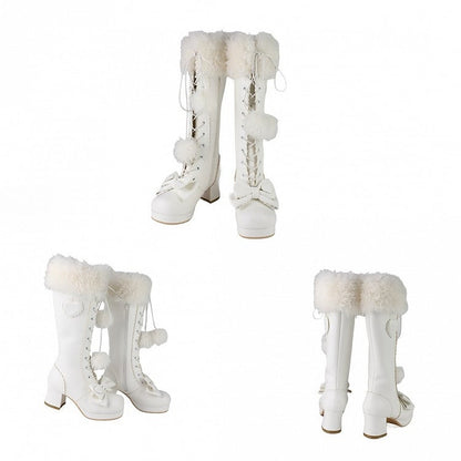 White Sweet Lolita Knee-High Boots - Plush Top Cuff with Bow Embellishments & Lace+Zip System