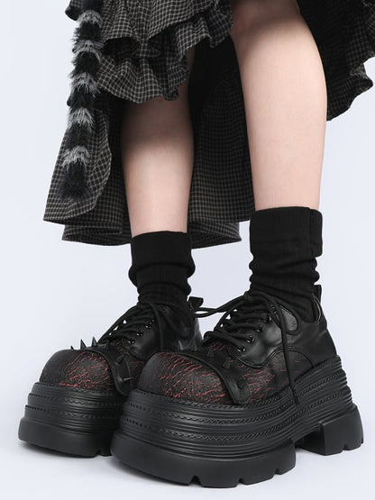 Black & Red Platform Shoes in Gothic Style - Cone Stud Detailing & Lace-up Closure