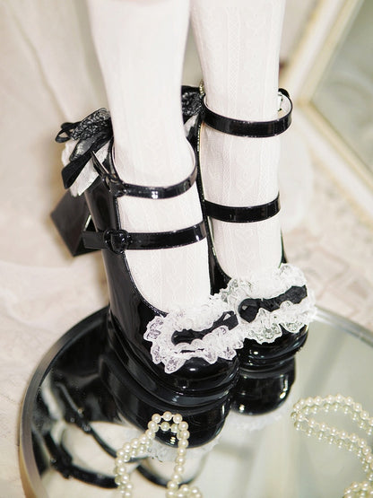 Black Knotted Bow at Top Lace Trim Heart Buckles High Block Heels