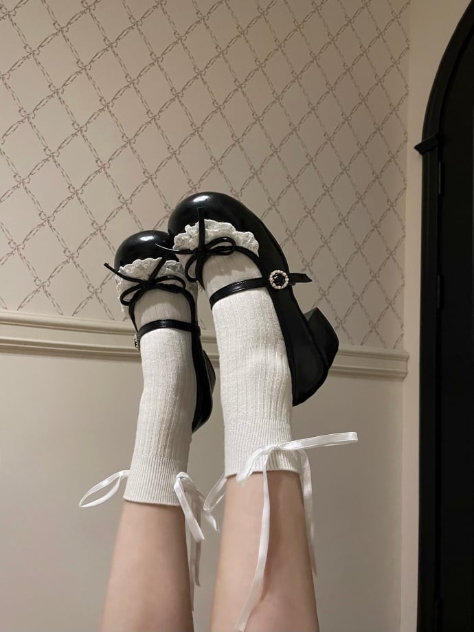 Black Knotted Bow Accent Lace Trim 2.2CM/4.3CM Heels Round Toe Mary Janes