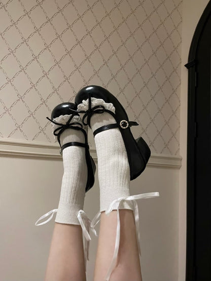 Black Knotted Bow Accent Lace Trim 2.2CM/4.3CM Heels Round Toe Mary Janes