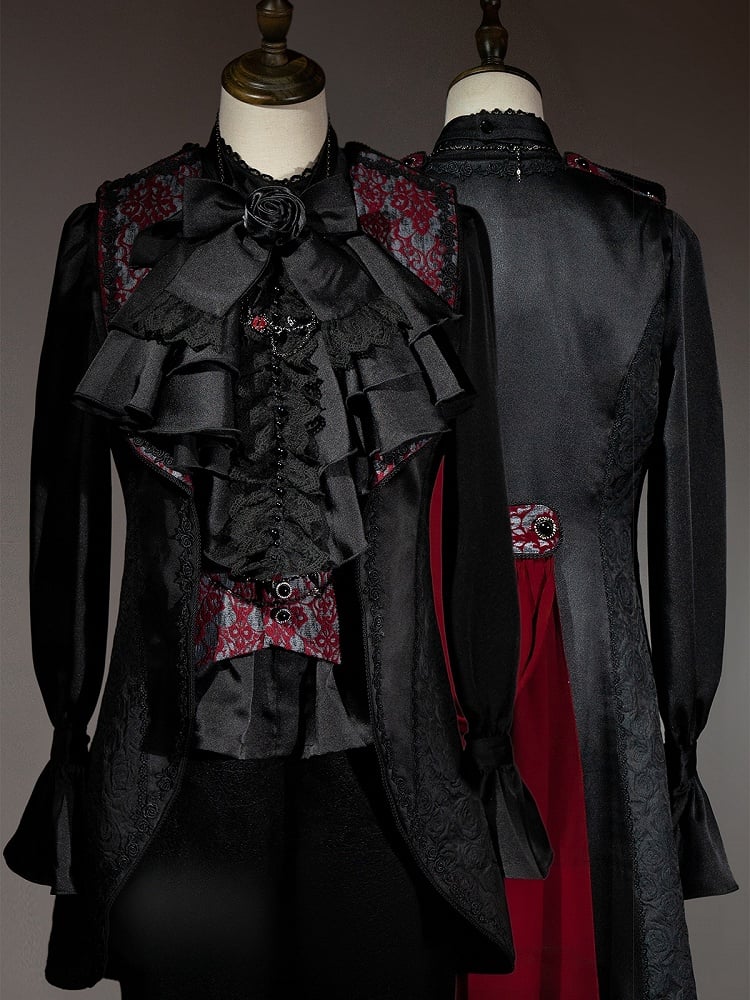 Clearance-Black and Red Prince Outfit Ouji Lolita Full Set -Size M for Bust 98CM Black Long Sleeves Shirt + Waist 74CM Waistcoat + Waist 70-74CM Black Pants