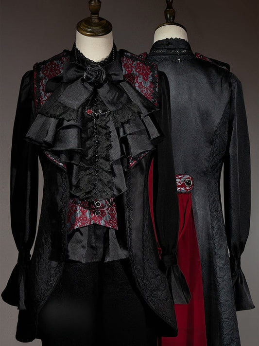 Clearance-Black and Red Prince Outfit Ouji Lolita Full Set -Size M for Bust 98CM Black Long Sleeves Shirt + Waist 74CM Waistcoat + Waist 70-74CM Black Pants