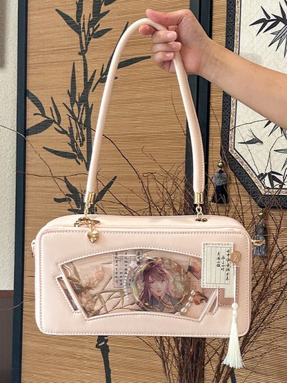 Pink Embroidered Bamboo Leaf Cheongsam Style Ita Shoulder Bag with Fringe Charm