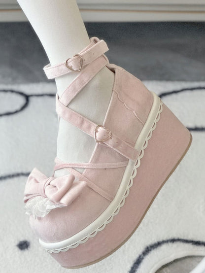 Pink Sweet Lolita Platforms in Velvet - Delicate Lace-Edged Bow, Ornate Heart Closure & Crossed Strap Details