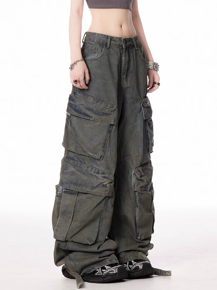 Dark Blue Low Waist Cargo Pockets Distressed Vintage Wide-leg Jeans