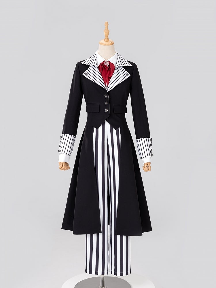 Ouji Fashion Clown Vibes White Striped Lapel Collar Black Tailcoat Halloween Outfit